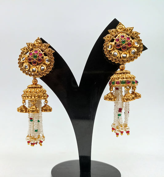 Multi-strand Pearl Jhumka Style Gold Earrings