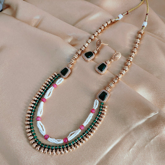 Traditional Indian Necklace Set with Green and White Beads