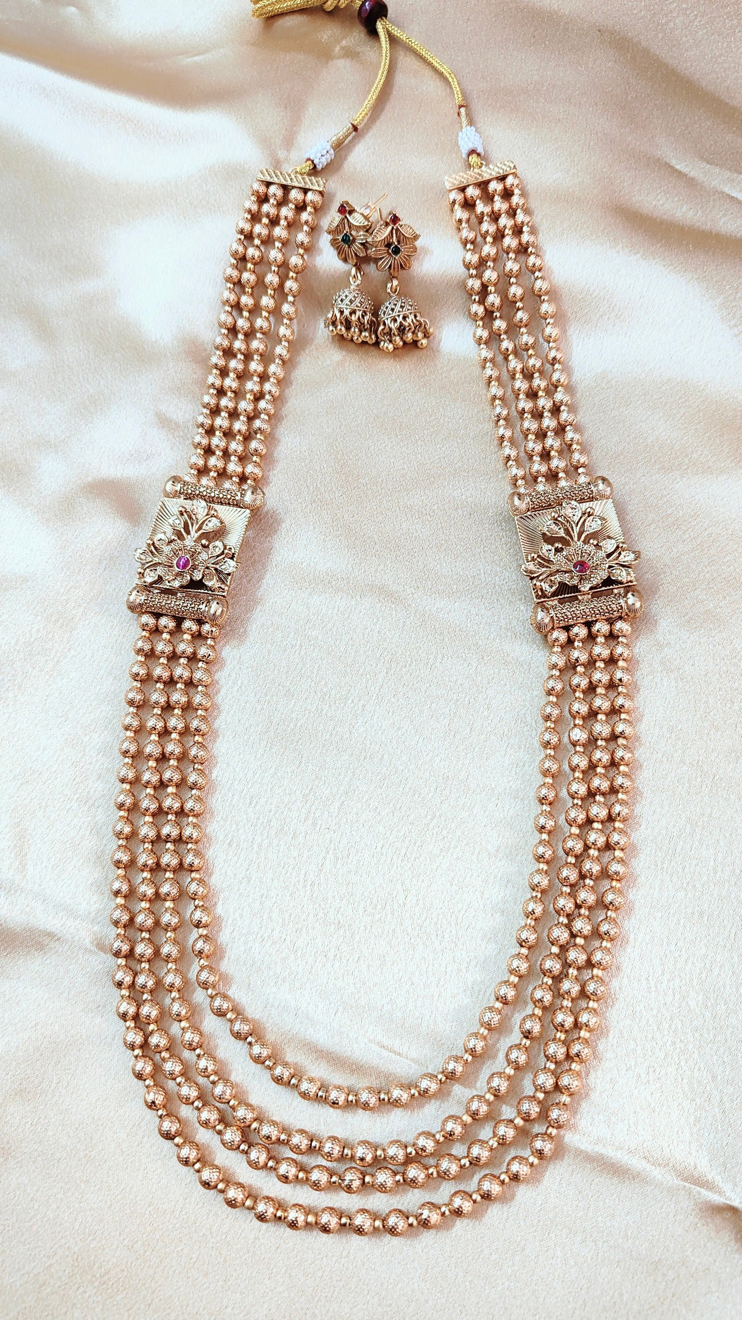 Graceful Gold Pearl Beaded Long Necklace Set with Floral Motifs