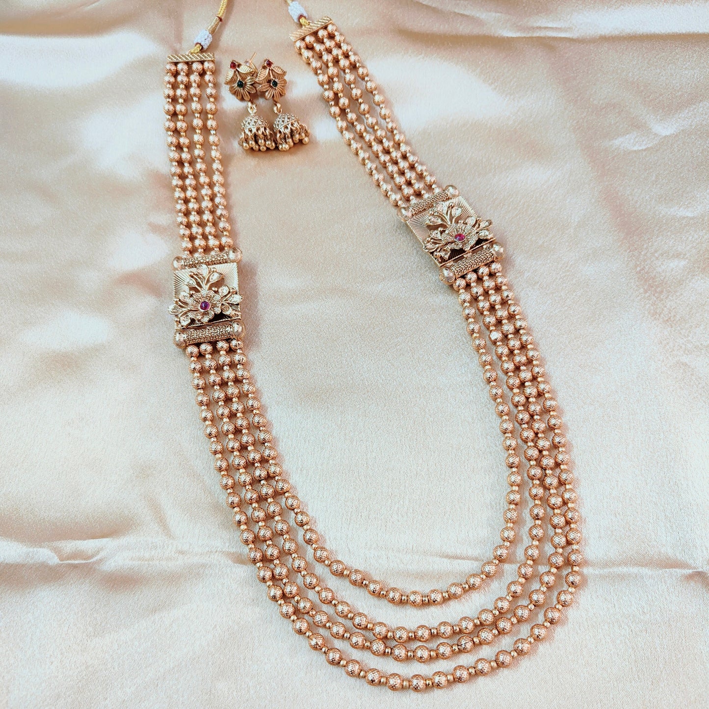 Graceful Gold Pearl Beaded Long Necklace Set with Floral Motifs