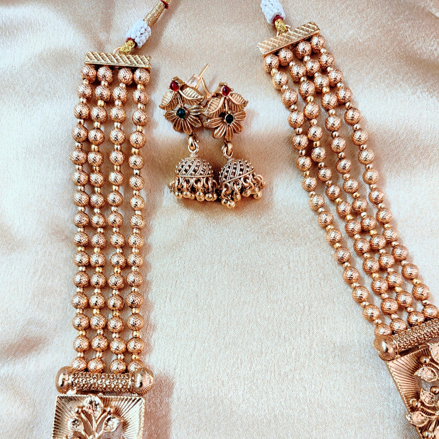 Graceful Gold Pearl Beaded Long Necklace Set with Floral Motifs