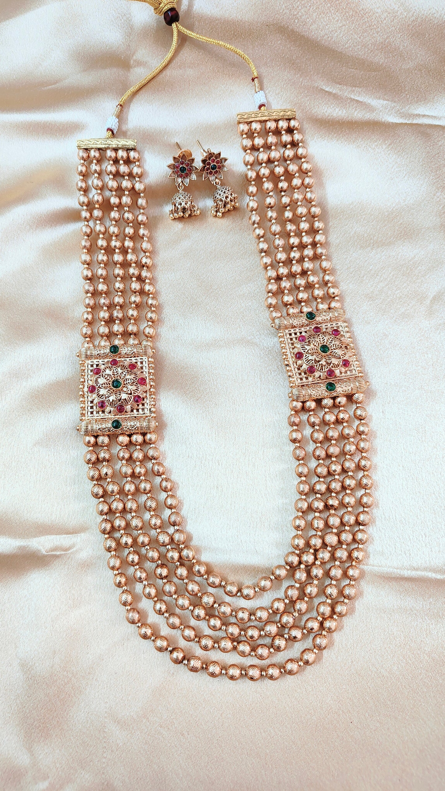 Graceful Gold Pearl Beaded Long Necklace Set with Floral Motifs