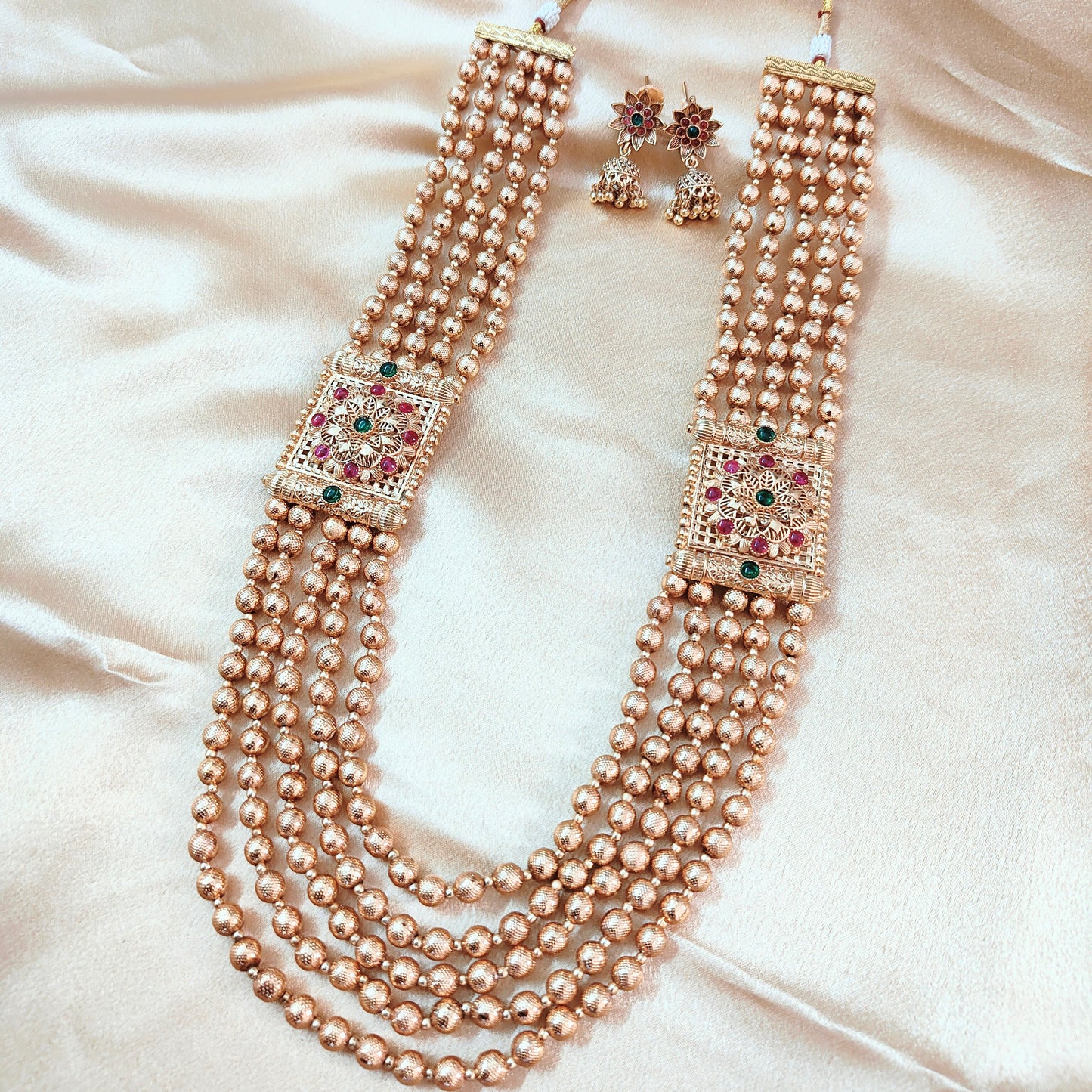 Graceful Gold Pearl Beaded Long Necklace Set with Floral Motifs