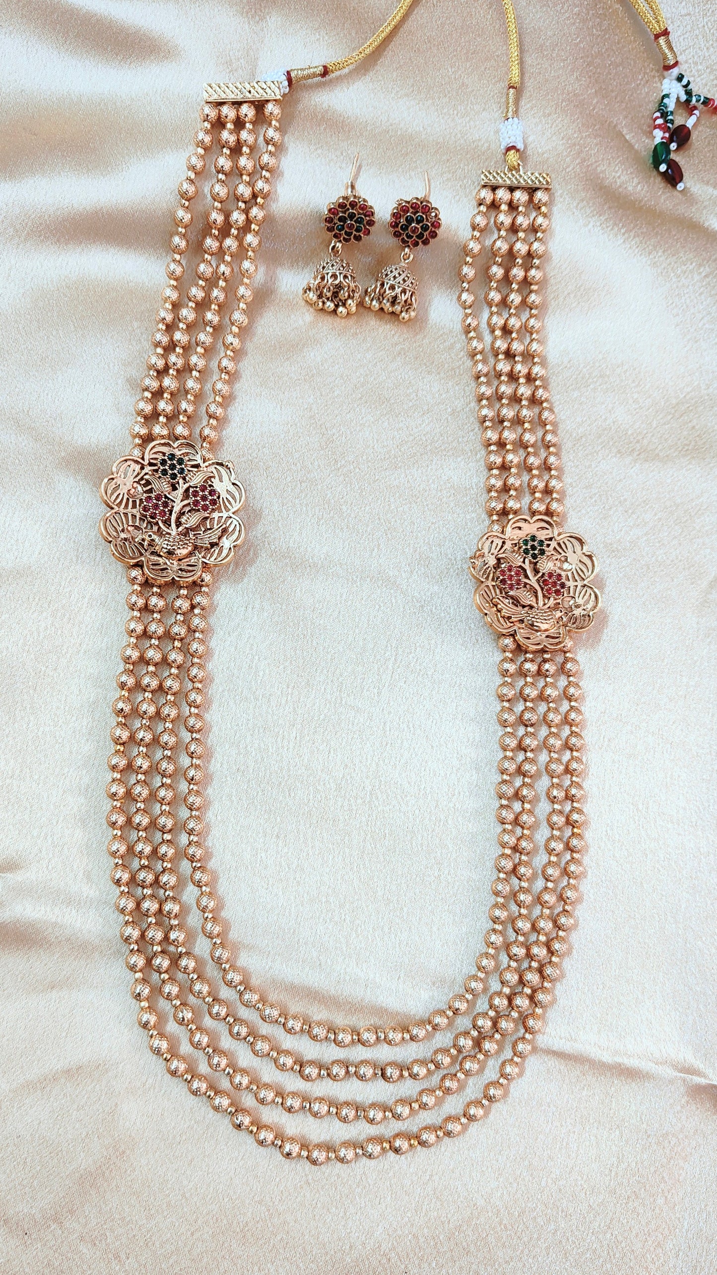 Graceful Gold Pearl Beaded Long Necklace Set with Floral Motifs