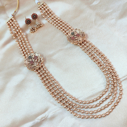 Graceful Gold Pearl Beaded Long Necklace Set with Floral Motifs