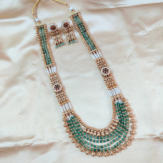 Exquisite Multi-Layered Gold and Green Bead Necklace Set