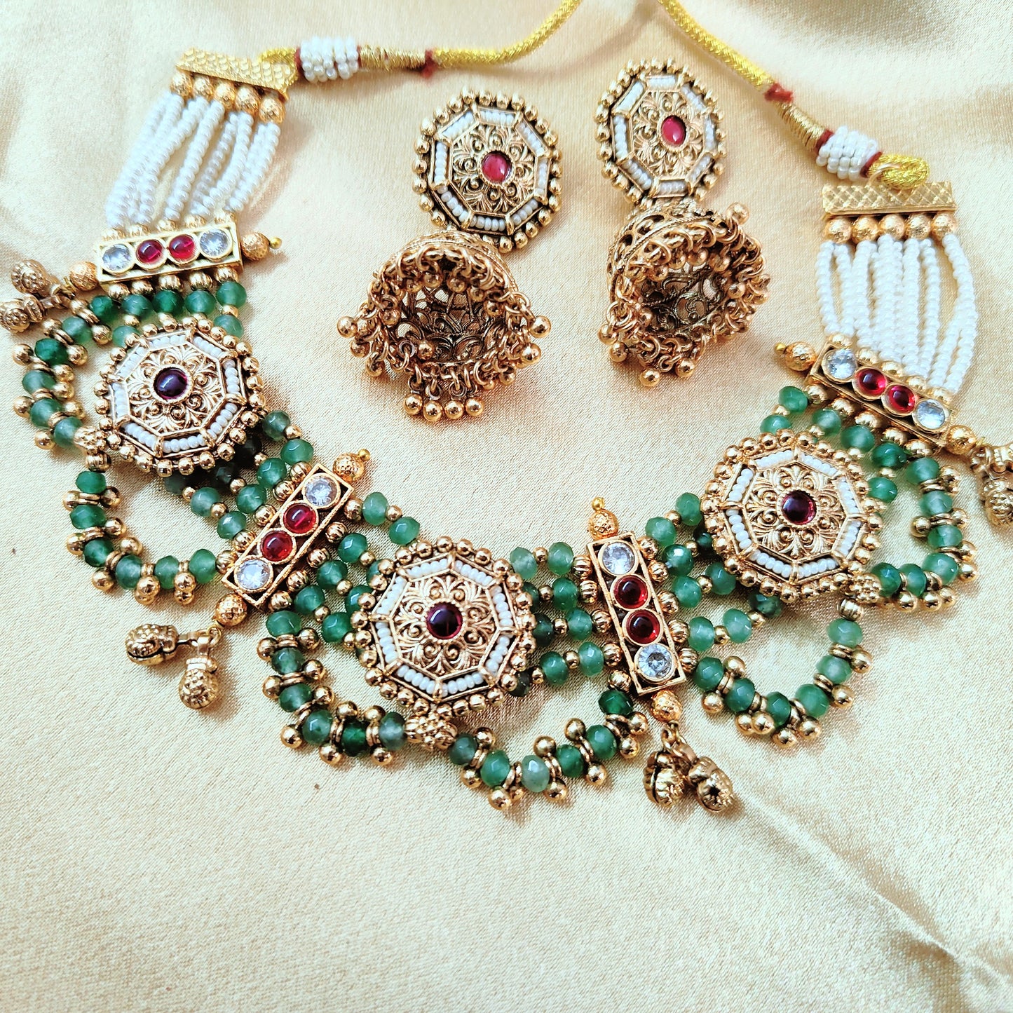 Elegant Traditional Green Beaded Necklace Set with Antique Gold Finish