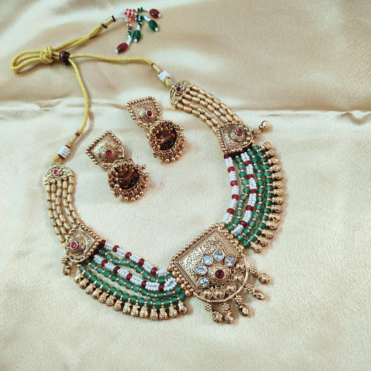 Traditional Green Ruby and White Beaded Necklace Set with Crescent Gold Accents