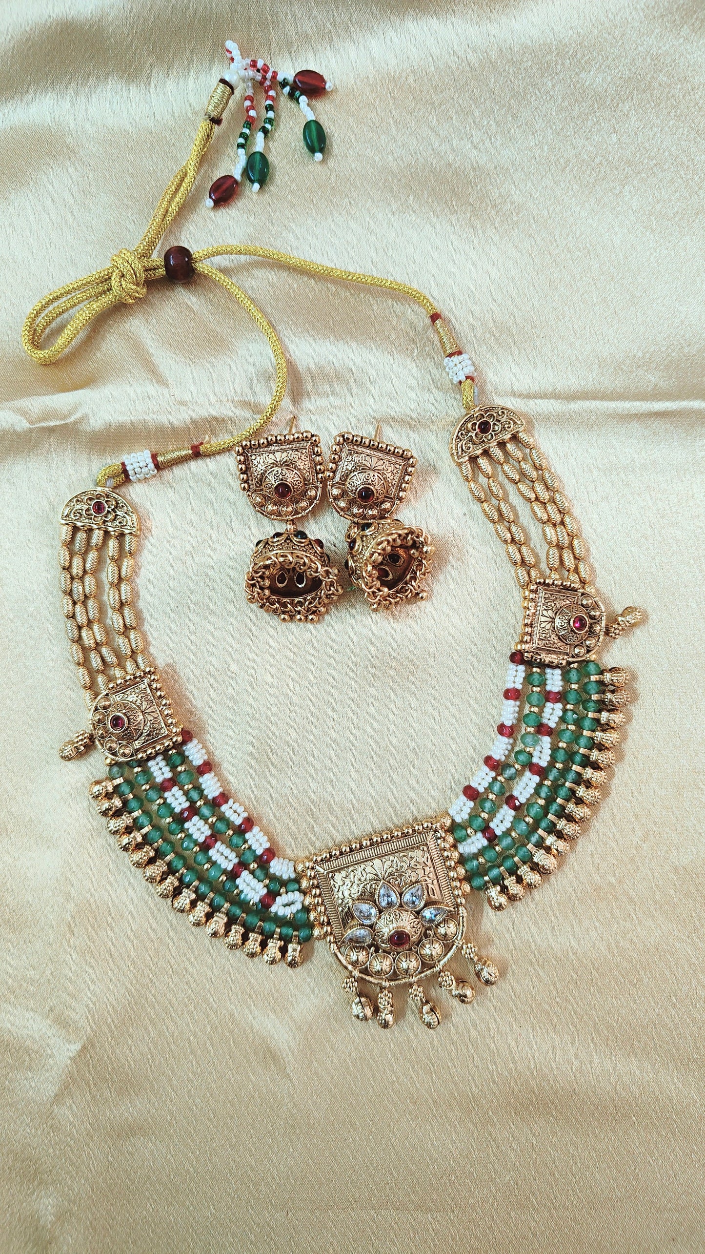 Traditional Green Ruby and White Beaded Necklace Set with Crescent Gold Accents