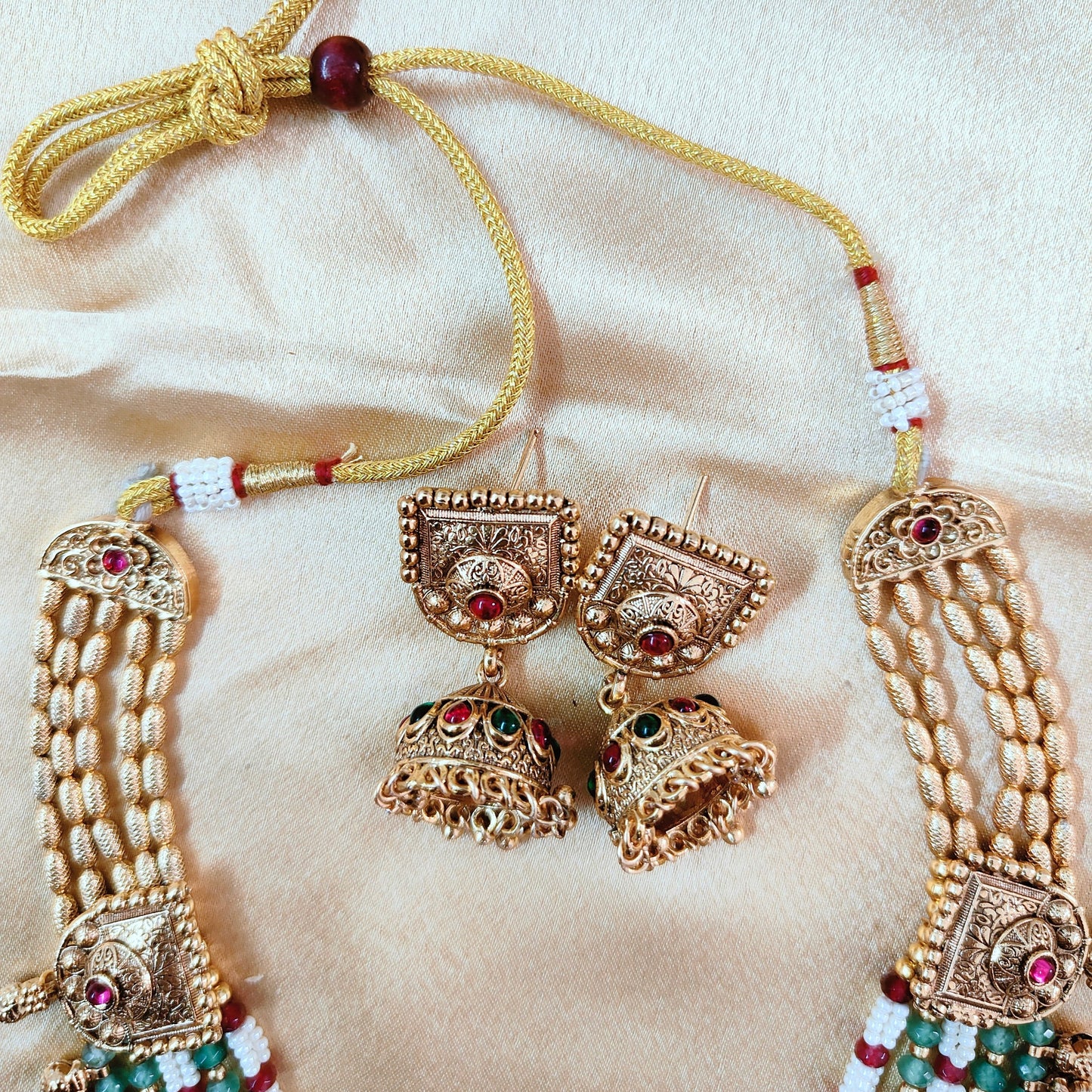 Traditional Green Ruby and White Beaded Necklace Set with Crescent Gold Accents