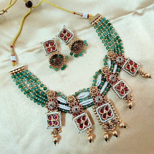 Traditional Green and White Beaded Necklace Set with Crescent Gold Accents