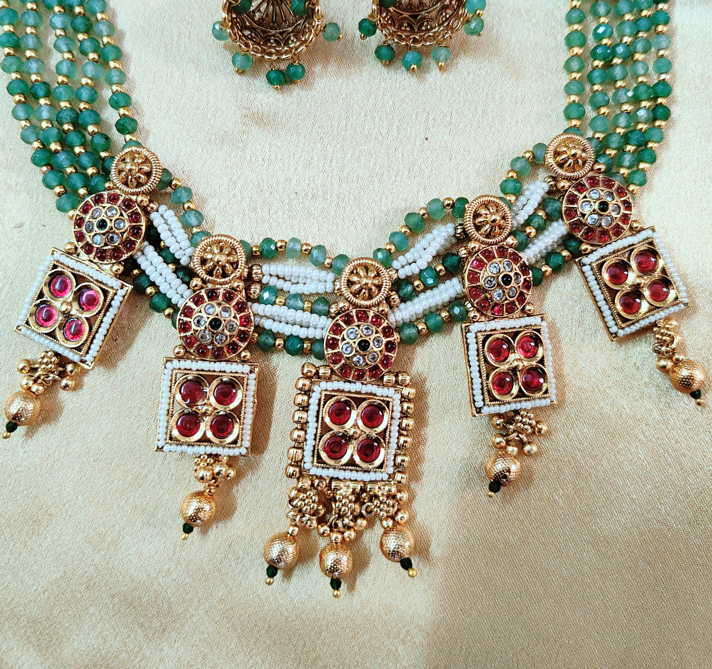 Traditional Green and White Beaded Necklace Set with Crescent Gold Accents