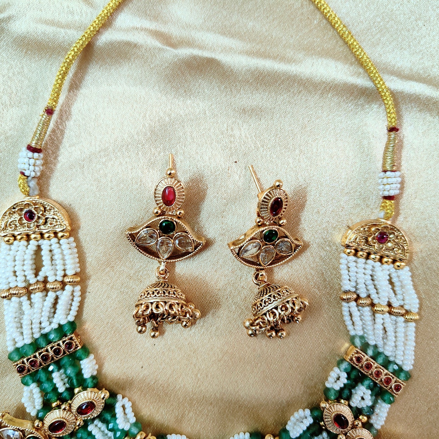 Traditional Green and White Beaded Necklace Set with Crescent Gold Accents