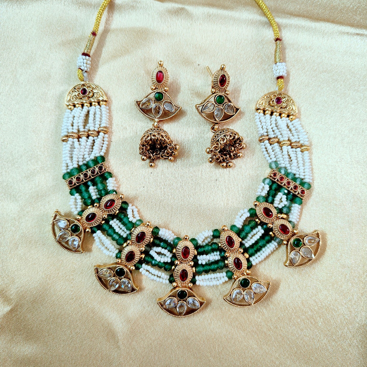 Traditional Green and White Beaded Necklace Set with Crescent Gold Accents