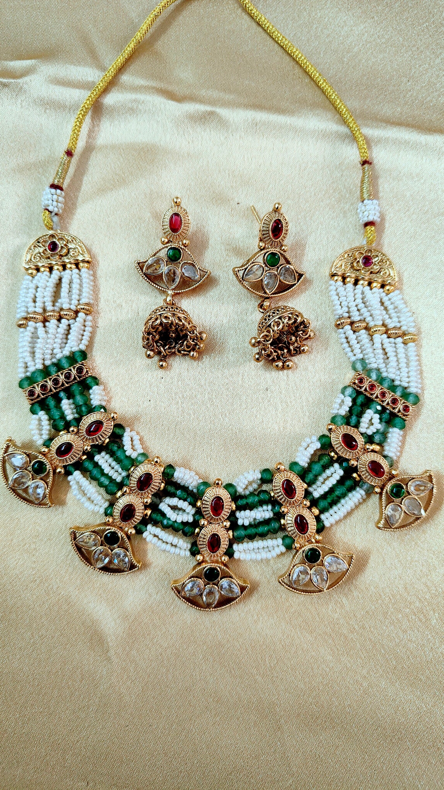 Traditional Green and White Beaded Necklace Set with Crescent Gold Accents